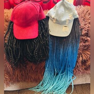 Caps with Hair Extensions - Red and Blue